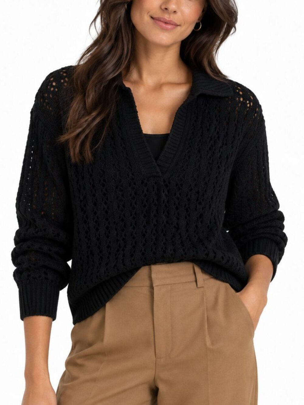 LOFT Black Open Knit Crochet V Neck Collared Polo Cropped Sweater Size XS
